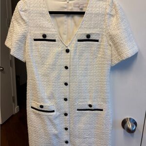LOFT Cream Textured Dress with Black Buttons